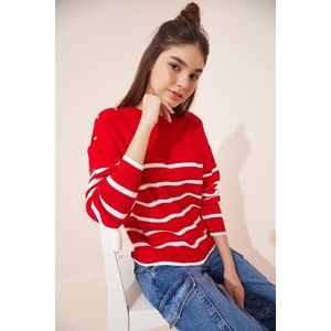 Happiness İstanbul Women's Red Button Detailed Striped Knitwear Sweater obraz