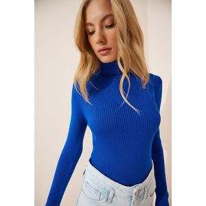Happiness İstanbul Women's Blue Turtleneck Corduroy Lycra Knitwear Sweater obraz