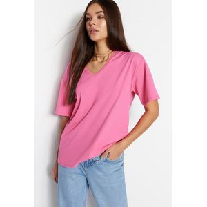 Trendyol Pink 100% Cotton Oversize/Wide Fit V-Neck Knitted T-Shirt obraz