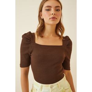 Happiness İstanbul Women's Brown Square Collar Corduroy Crop Blouse obraz