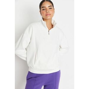 Trendyol Ecru Oversize/Wide Fit Zippered Stand-Up Collar Fleece Inner Knitted Sweatshirt obraz