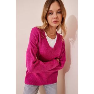 Happiness İstanbul Women's Pink V-Neck Oversize Knitwear Sweater obraz