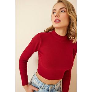 Happiness İstanbul Women's Burgundy Corduroy Turtleneck Crop Knitted Blouse obraz