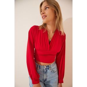Happiness İstanbul Women's Red Deep V-Neck Crop Sandy Knitted obraz