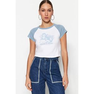Trendyol Blue 100% Cotton Printed Fitted/Simple Crop Crew Neck Knitted T-Shirt obraz