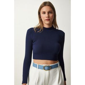Happiness İstanbul Women's Navy Blue Corded Turtleneck Crop Knitted Blouse obraz