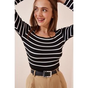 Happiness İstanbul Women's Black Square Collar Crop Striped Knitwear Blouse obraz
