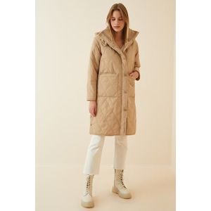 Happiness İstanbul Women's Cream Pocket Oversized Quilted Coat with a Hoodie obraz