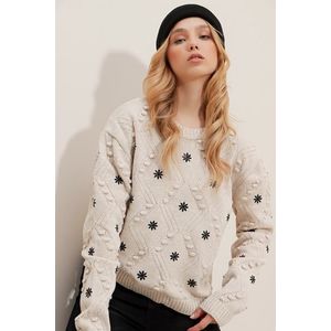 Trend Alaçatı Stili Women's Beige Crew Neck Patterned Embroidered Knitwear Sweater obraz