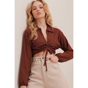 Trend Alaçatı Stili Women's Brown Polo Neck Smocked Long Sleeve Crop Knitted Blouse obraz