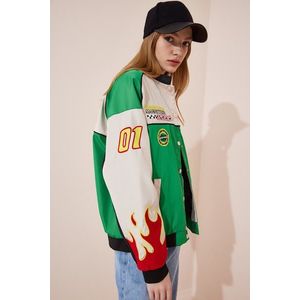 Happiness İstanbul Women's Green Racing Patched College Bomber Coat obraz