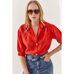 Olalook Women's Orange Wooden Buttoned Three Quarter Sleeve Linen Shirt obraz