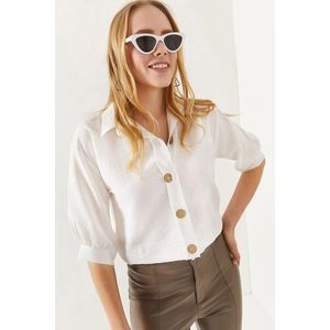 Olalook Women's White Wooden Buttoned Three Quarter Sleeve Linen Shirt obraz