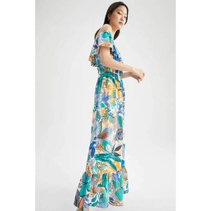 DEFACTO Maxi šaty s krátkým rukávem s volánky s květinovým potiskem obraz