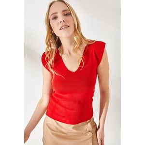 Olalook Women's Red Knitwear With Shoulders And Skirt Detailed Front Back V-Shirt obraz