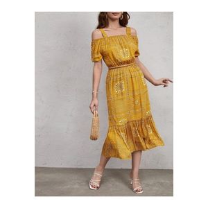 armonika Women's Mustard Checkered Floral Patterned Strapless Elastic Waist Dress obraz