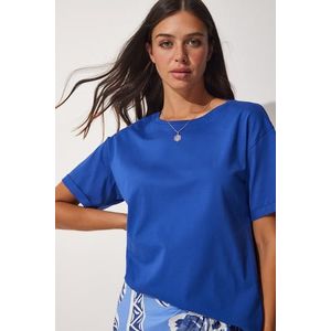 Happiness İstanbul Women's Blue Crew Neck Cotton Loose Knitted T-Shirt obraz