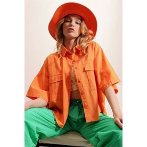 Trend Alaçatı Stili Women's Orange Double Pocket Half Sleeve Linen Shirt obraz