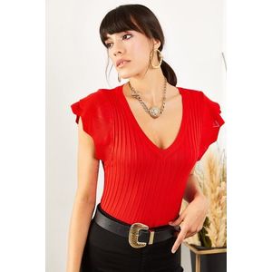 Olalook Women's Red Butterfly Sleeve V-Neck Knitwear Blouse obraz