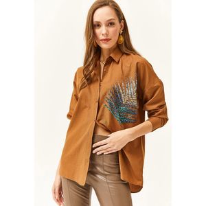 Olalook Women's Brown Palm Sequin Detailed Oversize Woven Poplin Shirt obraz