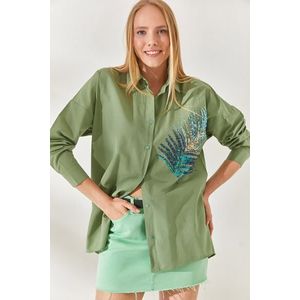 Olalook Mustard Green Palm Sequin Detail Oversized Woven Poplin Shirt obraz