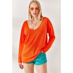 Olalook Orange V-Neck Loose Knitwear Blouse obraz