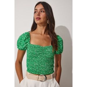 Happiness İstanbul Women's Green Floral Pleated Carmen Collar Crop Knitted obraz