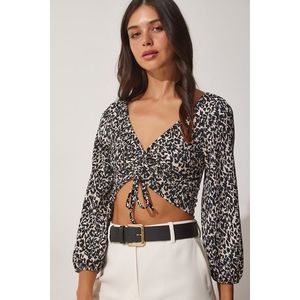 Happiness İstanbul Women's Black Cream Patterned Pleated Crop Top obraz