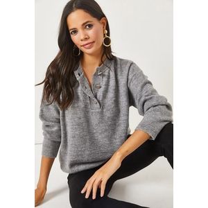 Olalook Gray 3-Button Soft Textured Knitwear Sweater obraz