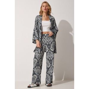 Happiness İstanbul Women's Black and White Patterned Summer Kimono with Pants and Knitted Suit obraz