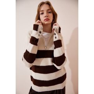 Happiness İstanbul Women's Cream Brown Zippered Turtleneck Striped Knitwear Sweater obraz