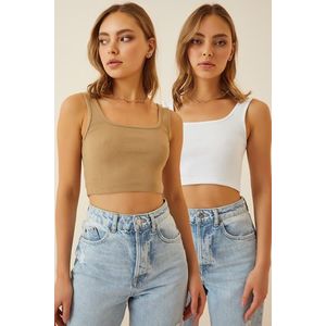 Happiness İstanbul Women's Biscuit White Halter Crop Two Pack Knitted Blouse obraz