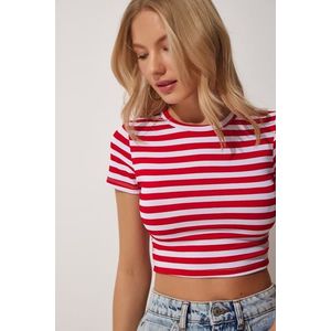Happiness İstanbul Women's Red White Striped Crop Knitted T-Shirt obraz
