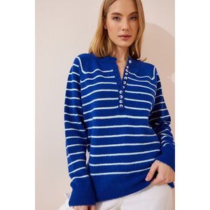 Happiness İstanbul Women's Blue Ecru Buttoned Collar Knitwear Sweater obraz