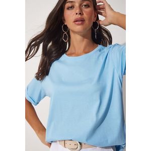 Happiness İstanbul Women's Sky Blue Crew Neck Cotton Loose Knitted T-Shirt obraz