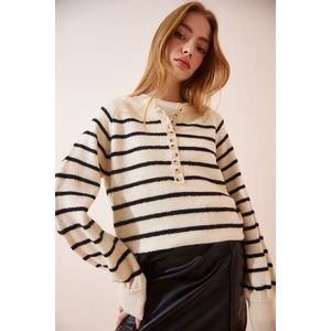 Happiness İstanbul Women's Bone Black Buttoned Collar Striped Knitwear Sweater obraz