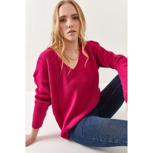 Olalook Women's Fuchsia V-Neck Soft Textured Knitwear Sweater obraz