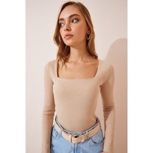 Happiness İstanbul Women's Cream Square Collar Corduroy Knitted Blouse obraz