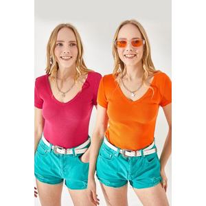 Olalook Women's Fuchsia-Orange V-Neck Short Sleeved 2-pack Blouse obraz