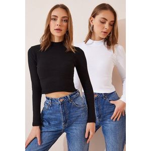 Happiness İstanbul Women's Black and White 2-Pack Ribbed Turtleneck Crop Knitted Blouse obraz