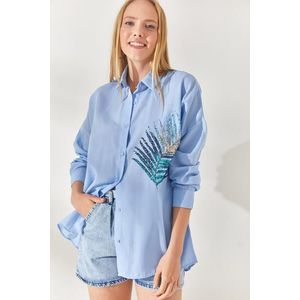 Olalook Bebe Blue Palm Sequin Detailed Oversized Woven Poplin Shirt obraz