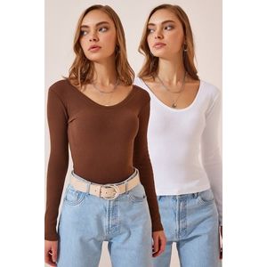 Happiness İstanbul Women's Brown White V-Neck 2-Pack Knitted Blouse obraz