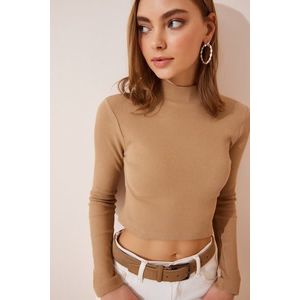 Happiness İstanbul Women's Biscuit Corduroy Turtleneck Crop Knitted Blouse obraz