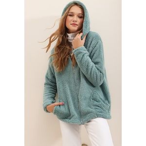 Trend Alaçatı Stili Women's Mint Hooded Zippered Front Double Pocket Oversized Plush Sweatshirt obraz