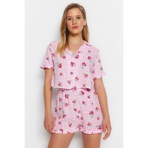 Trendyol Pink Floral Pattern Viscose Shirt-Short Woven Pajamas Set obraz