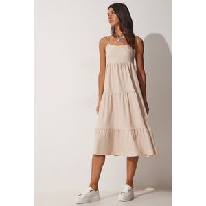 Happiness İstanbul Women's Cream Straps, Flounces Summer Knitted Dress obraz