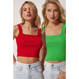 Happiness İstanbul Women's Red Green 2 Pieces Summer Tricot Crop Blouse obraz