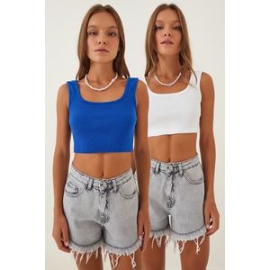 Happiness İstanbul Women's Dark Blue White Halter Crop 2-Pack Knitted Blouse obraz