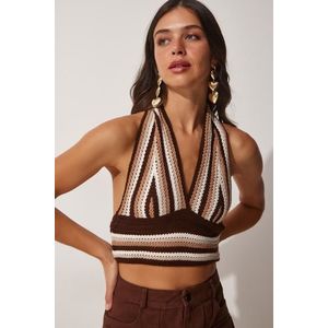 Happiness İstanbul Women's Brown Halterneck Crop Knitwear Blouse obraz
