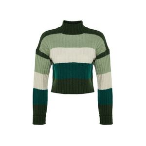 Trendyol Tmavě zelená Crop Měkký texturovaný pletený svetr s barevným blokem obraz